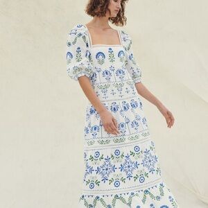 White Maxi Dress with Blue & Green Floral Embroidery